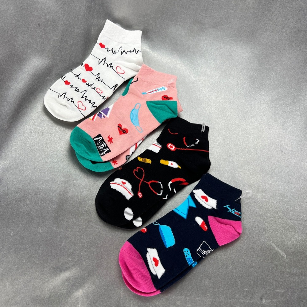 4 Pairs Womens OS Medical Nursing Ankle Socks EKG Stethoscope Nurse Life Novelty
